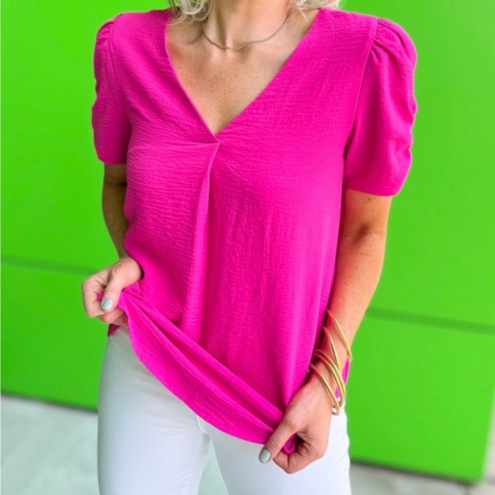 JODIFL Hot Pink V Neck Ruched Puff Sleeve Blouse Size M Boutique